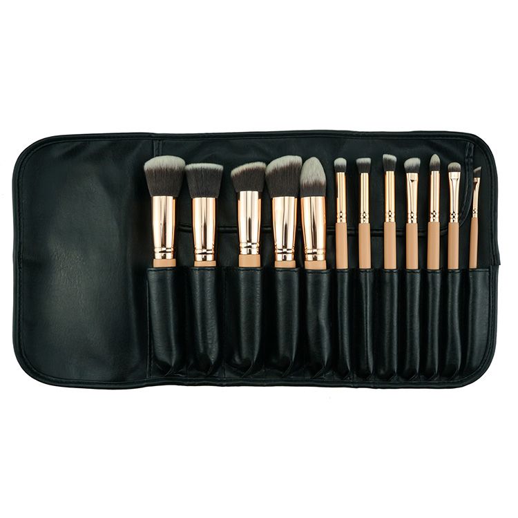 Best Selling Cost-effective 12pcs Rose Gold Kabuki Makeup Brush Set with Roll