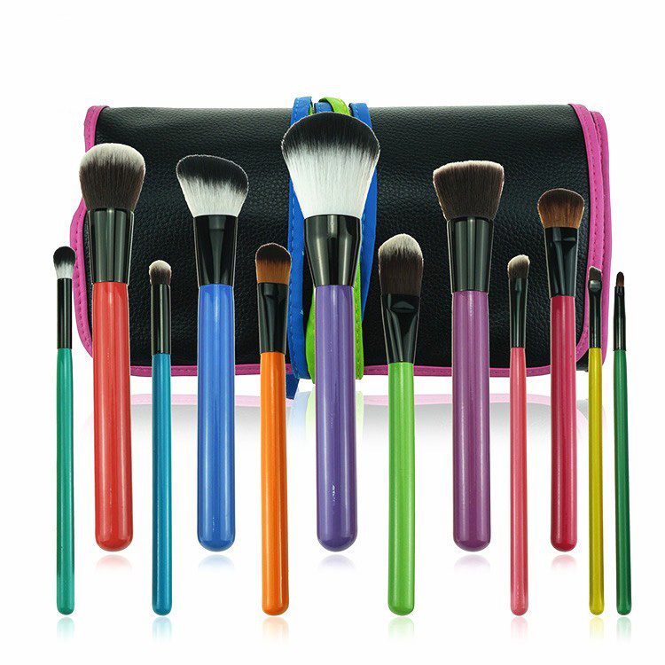New design colorful 12-colour cosmetic brushes with PU bag