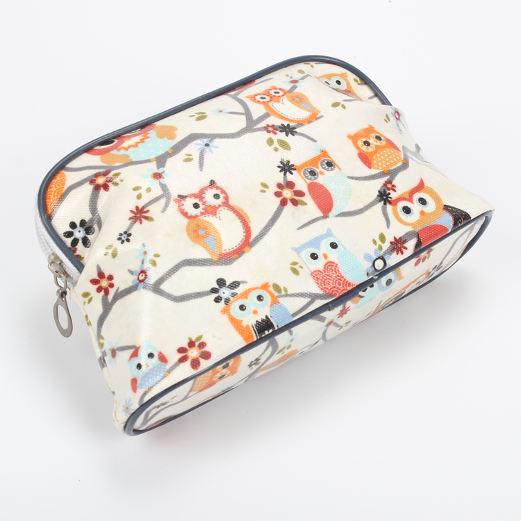 Laminated Canvas Cute Owl Pattern Cosmetic Bag Private Label Makeup Bag Custom Makeup Bag