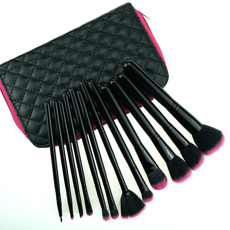 Private label luxury black synthetic hair cosmetic brush set kit with diamond makeup bag