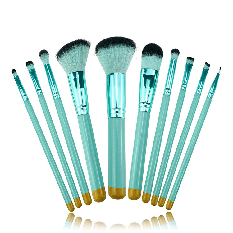 Private Label 10Pieces Green Wooden Handle Makeup Brush Set With Mermaid Cosmetic Bag