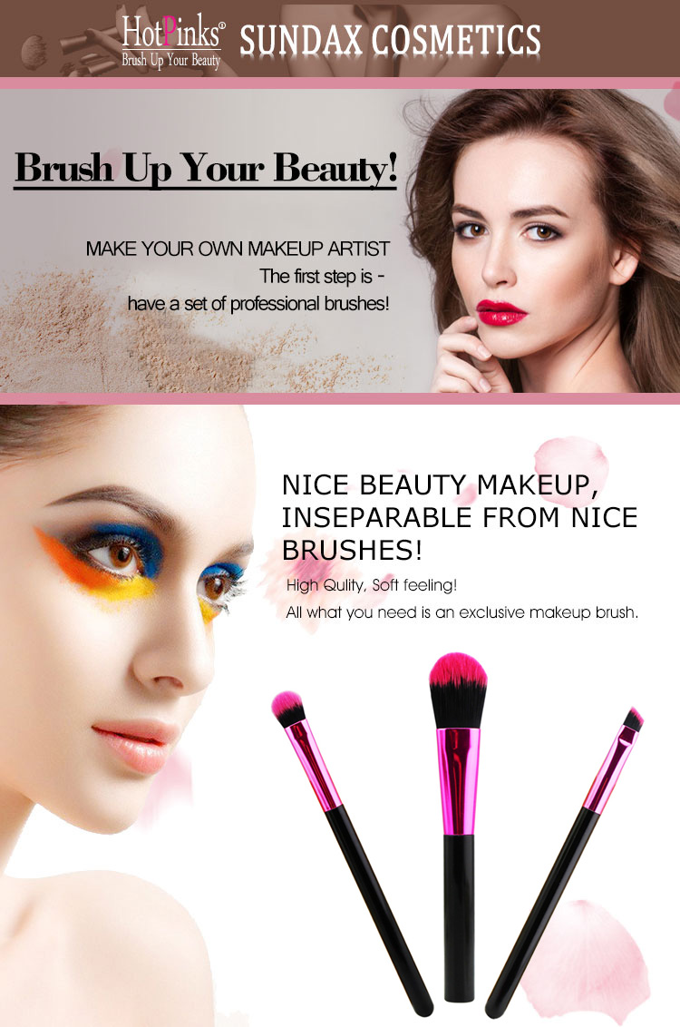 New Arrival High Quality 3PCS Black Pink Angled Foundation Eyebrow Makeup Brush Set Free Sample