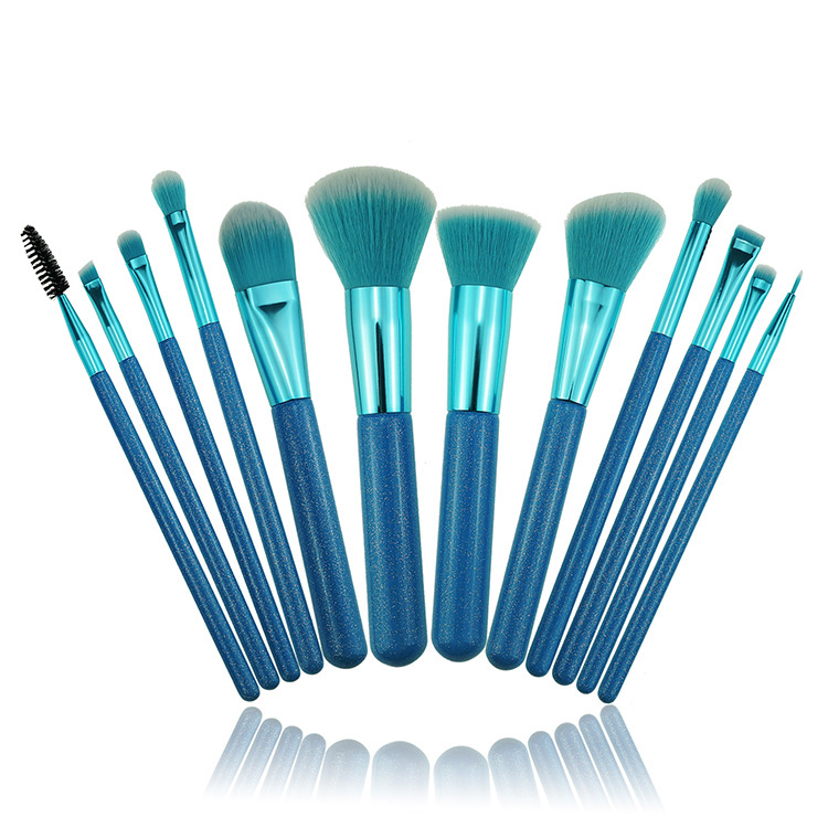 Best Seller Fancy Blue 12pcs Glitter Vegan Makeup Brush Set WIth Pouch