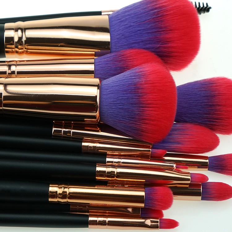 15 Pieces high end synthetic hair aluminum ferrule makeup brush set with black PVC bag
