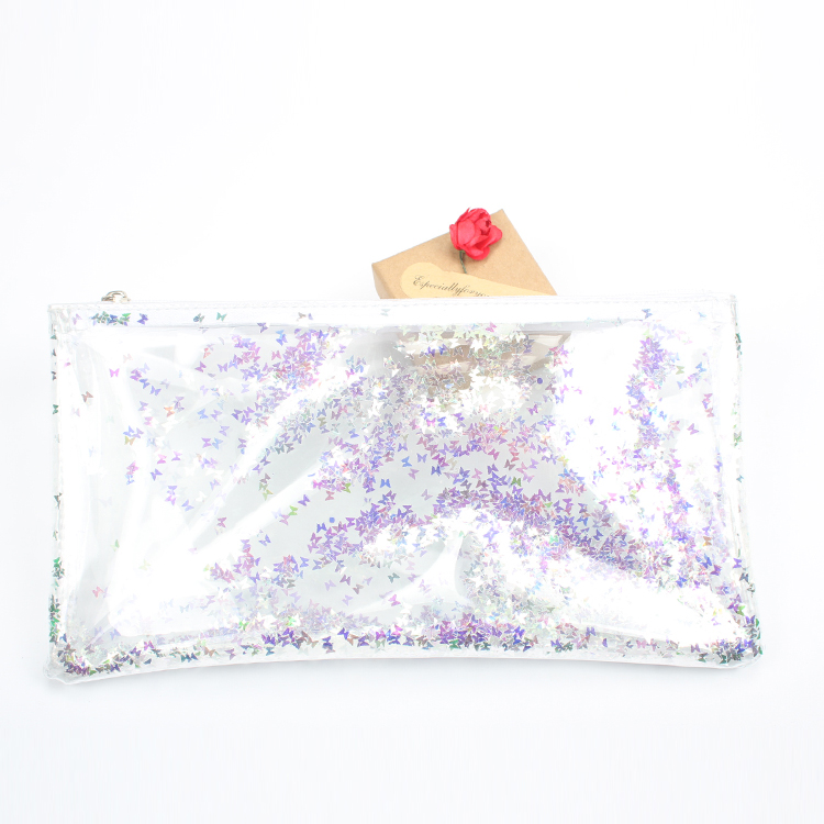 Zipper Clear Cosmetic Bag with Shiny Crystal Glitter Clear Plastic Zipper Pouch