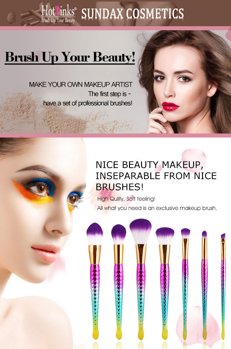 Hot Sale 7Pcs Coloful Multipurpose Fish Tail Mermaid Makeup Brushes Set