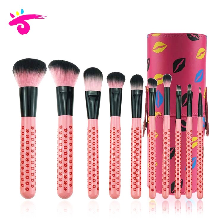 10 Piece Cute Makeup Brush Red Lip Handle Pink Beauty Brush Set With Cylinder