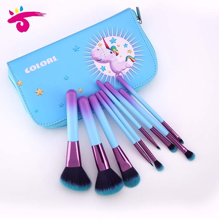 9 Pieces Blue Cute Mini Travel Brush Makeup Brush Set With Animal Bag