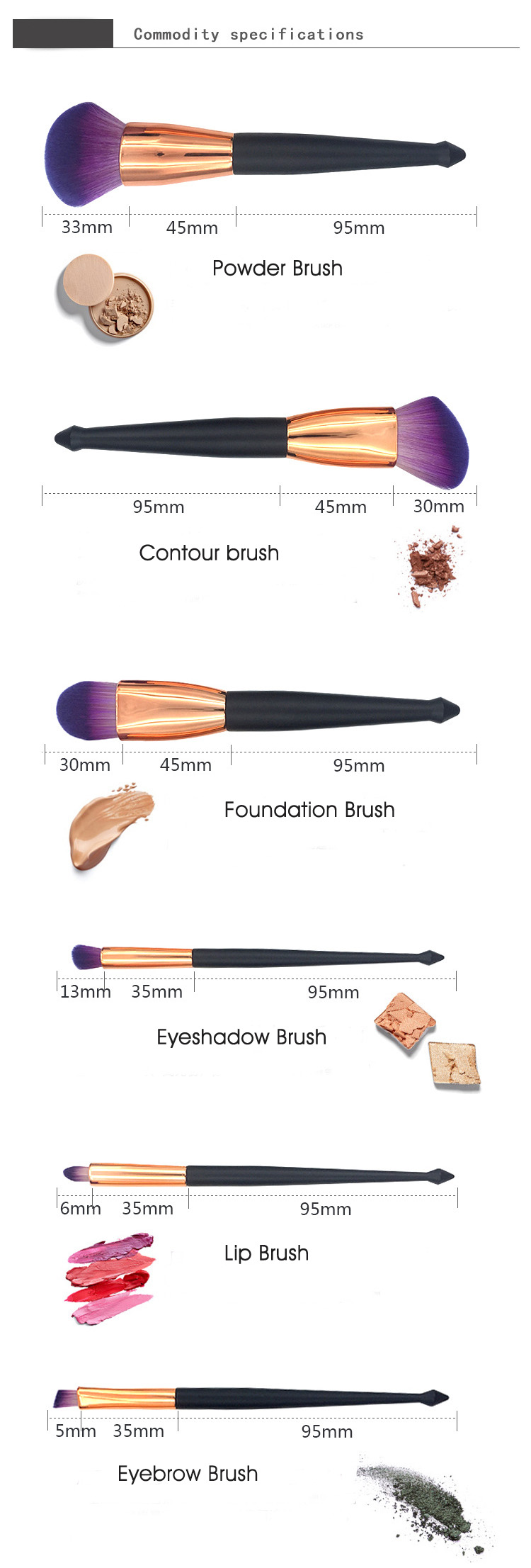 new professional black oval 6pcs make up brush set with plastic cup holder