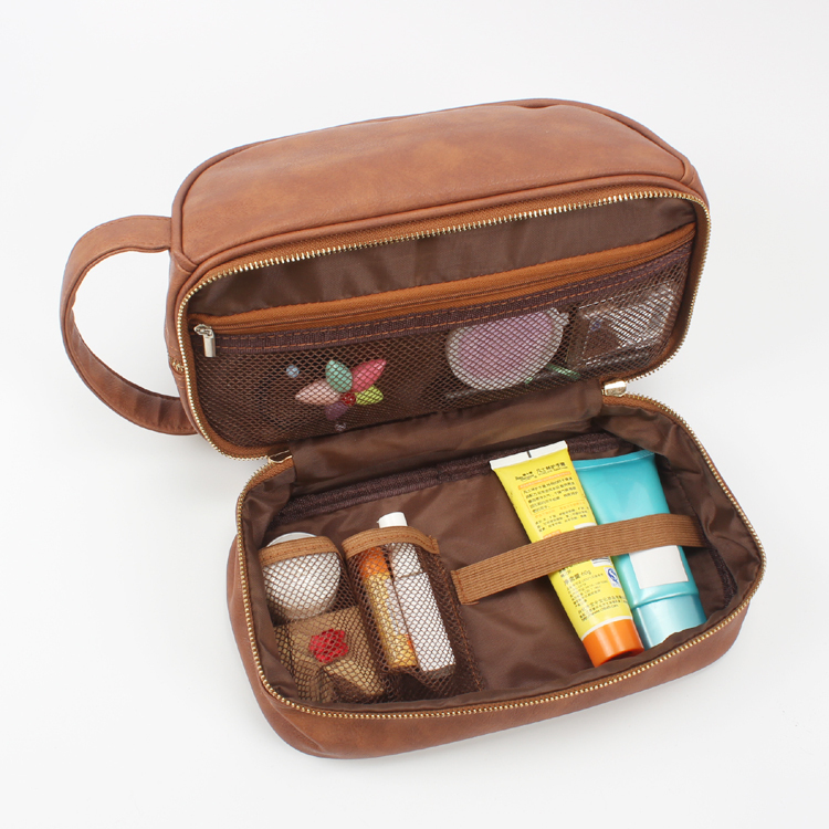 Double Layer Travel Toiletry Bag for Men Shaving Kit Organizer PU Leather Toiletry Bag