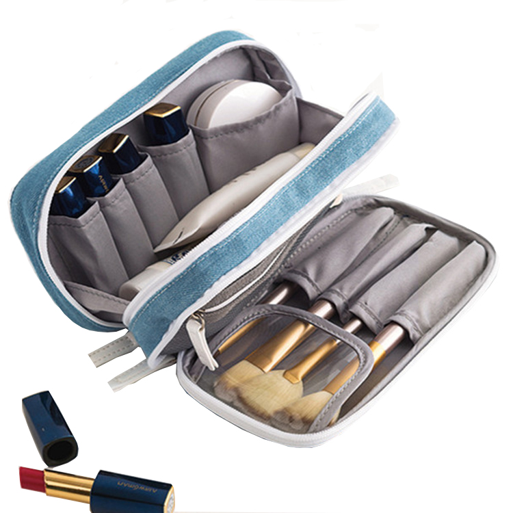 Portable Double Layer Design Travel Wash Pouch Makeup Bag Case Denim Women Cosmetic Bag