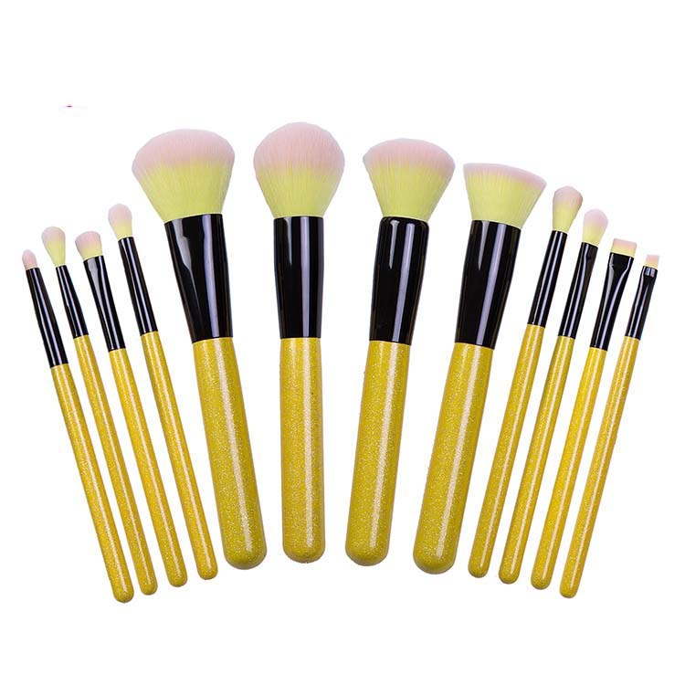 12 Pcs Glitter yellow Bling Handle Makeup Brush Vegan Makeup Brushes Set With Case