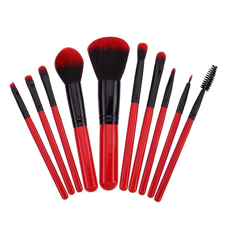 Attractive Brush Tools Fresh Red 10PC Travel Brush Kit Soft Vegan Fiber Brush Set with HandBag