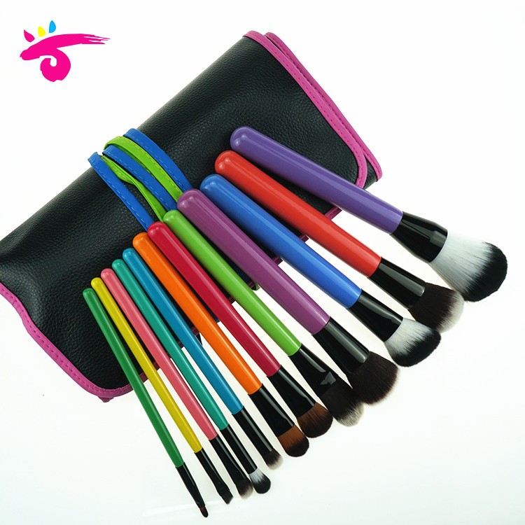New design colorful 12-colour cosmetic brushes with PU bag