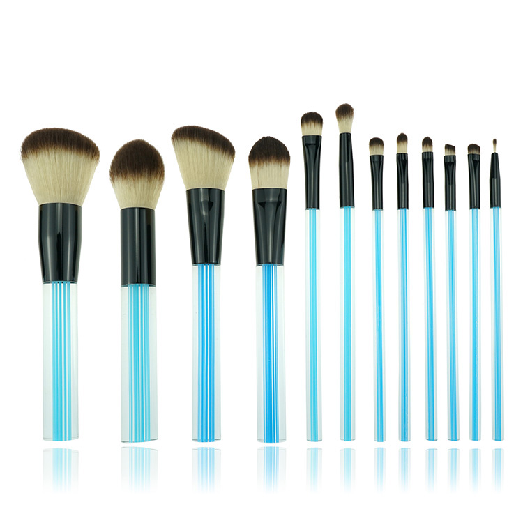 Customized High End Crystal Blue Acrylic Cosmetic Brushes Vegan Fiber