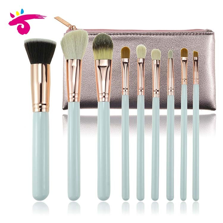 Custom label blue makeup brush set with pink makeup bag