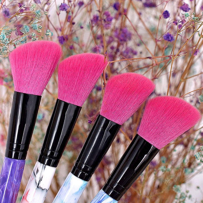 Angled Single Black Ferrule Marble Blush Makeup Brush With Holographic Bag