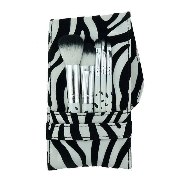 5 Pcs Black Stippling Makeup Brush Travel Set With Stripes PU Bag