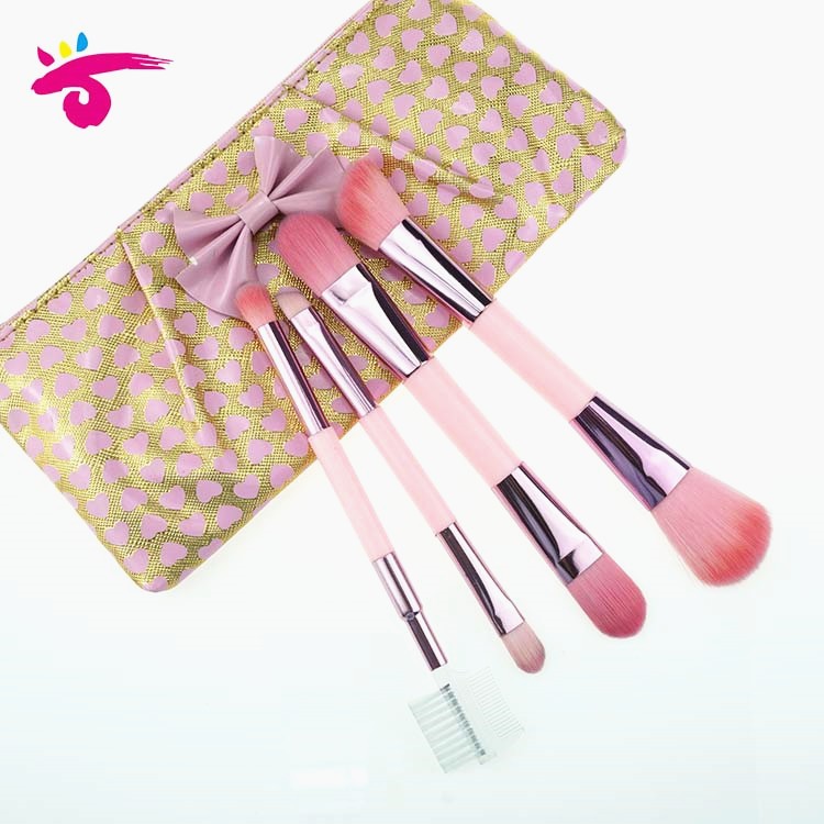 Double sided pink makeup brushes set with makeup bags