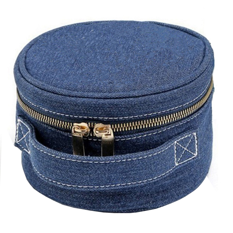 Travel Toiletry Zip Organizer Cosmetic Bag Custom Round Denim Makeup Bag with Handle