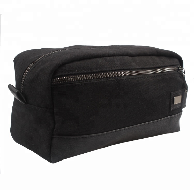 Heavy Duty Canvas And PU Toiletry Bag For Men Durable Black MenTtoiletry Bag
