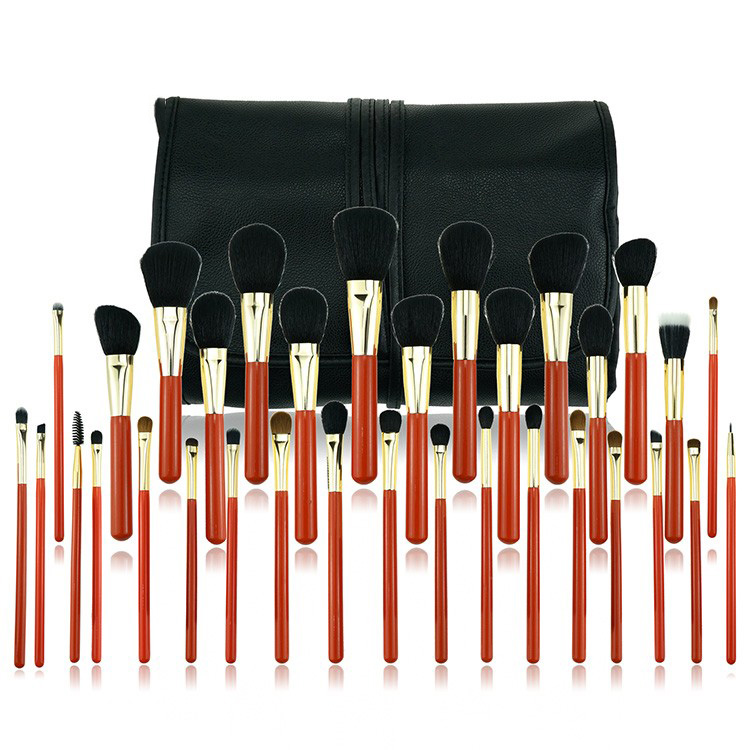 Shenzhen Factory Price Custom High Quality 32Pieces Orange Professional Makeup Brush Belt Set