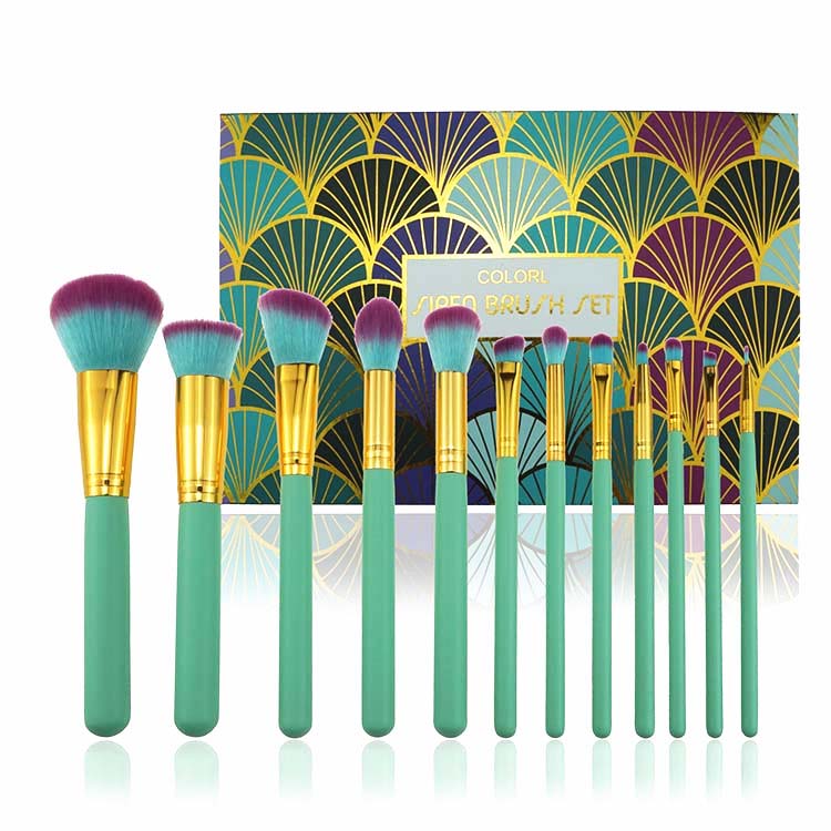 12PCS Green Mermaid Makeup Brush Set, Soft Synthetic Bristles Make Up Powder Blush Contour Eyeshadow Lip Foundation Brush
