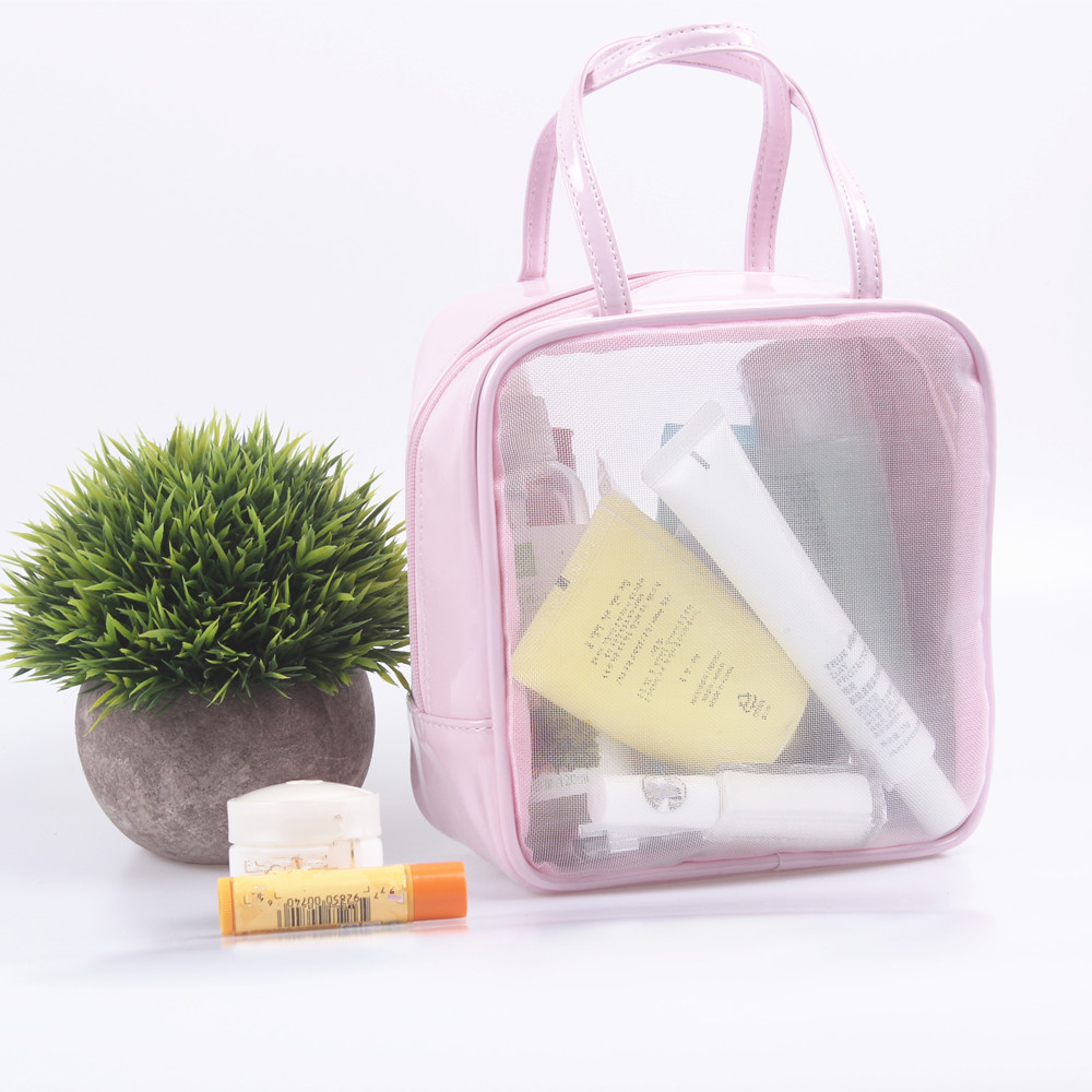 Pink Mesh Makeup Bag with Zipper Travel Mesh Cosmetic Bag