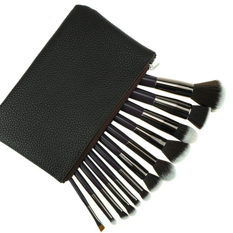 Custom logo gun color aluminum ferrule cosmetic brush set with leather bag