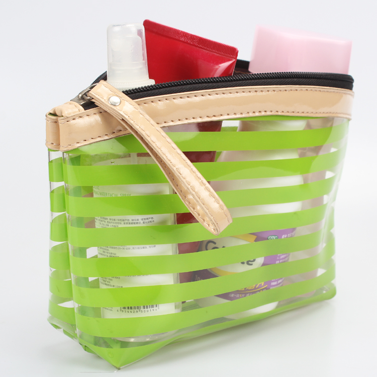 Striped New Clear Cosmetic Bag Transparent Plastic Travel Makeup Toiletry Zip Bag PVC Makeup Bag