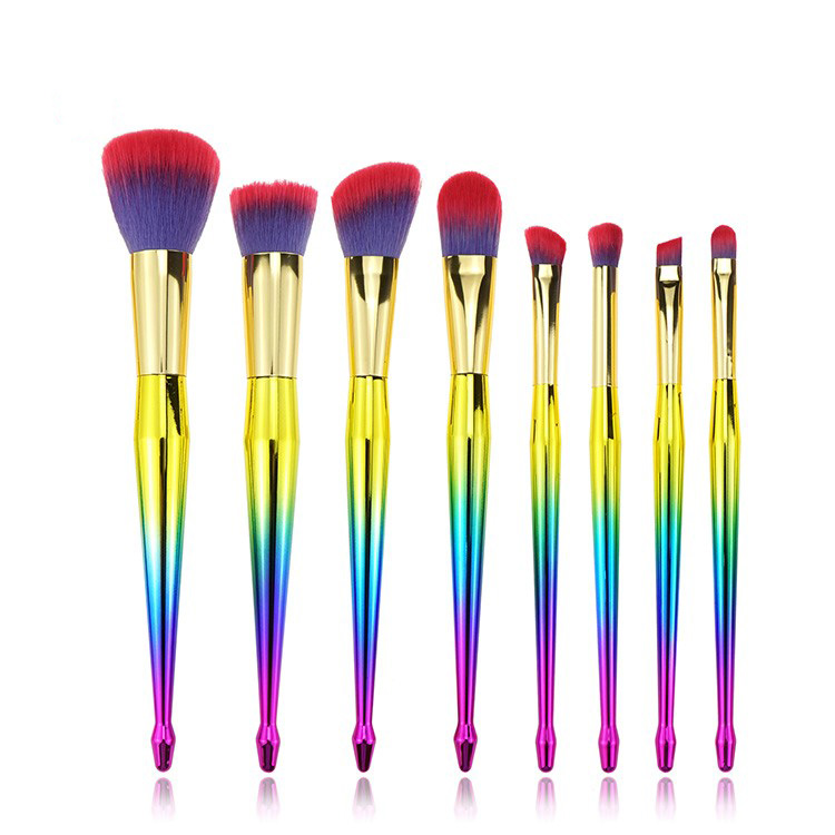High quality factory price two tone hair electroplating plastic handle rainbow makeup brush set