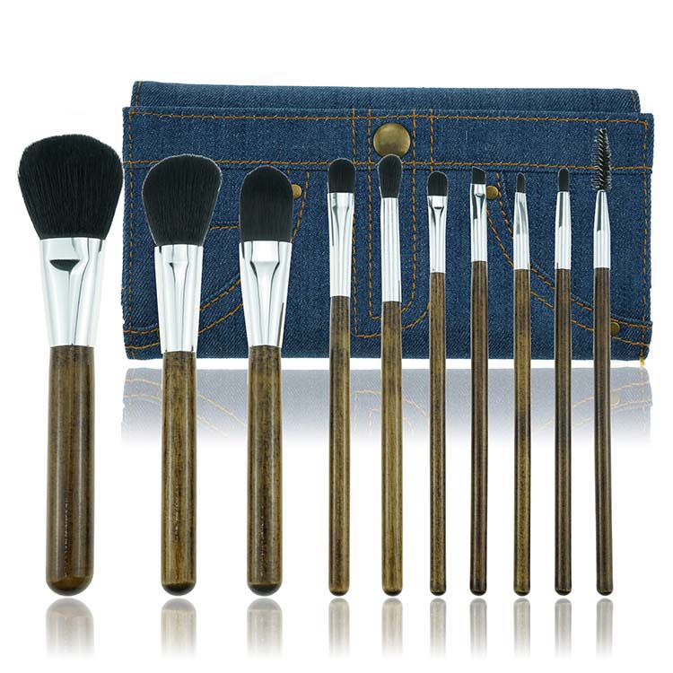 Natural wooden color handle brushes makeup with cowboy bag
