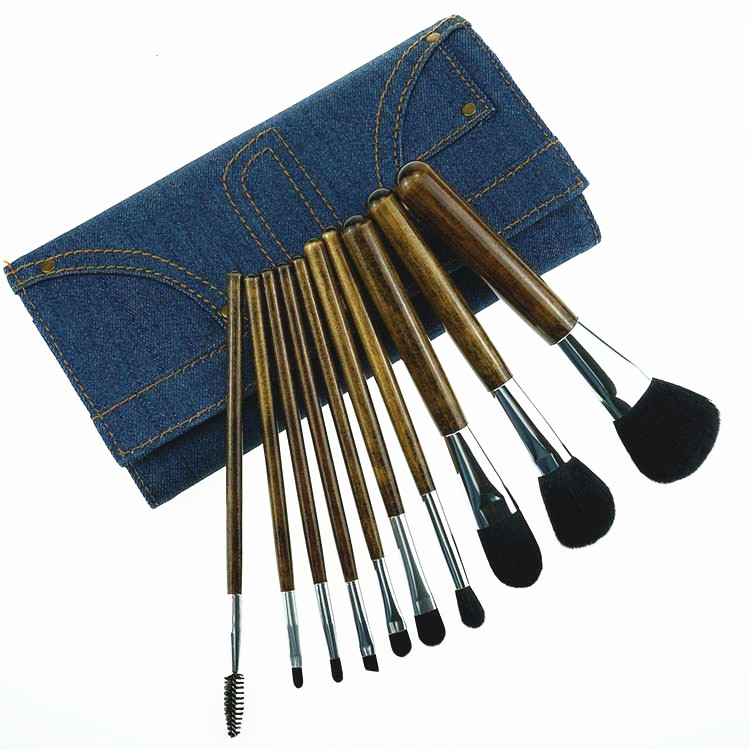 Natural wooden color handle brushes makeup with cowboy bag