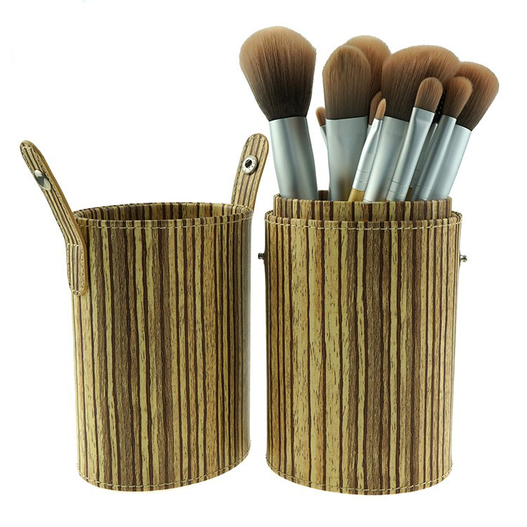 Multi-functional wooden handle silver cosmetic brushes set with PVC makeup case