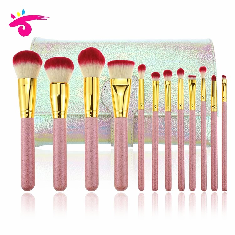12 Pcs Glitter Bling Pink Handle Makeup Brush Kit With Glow Bag