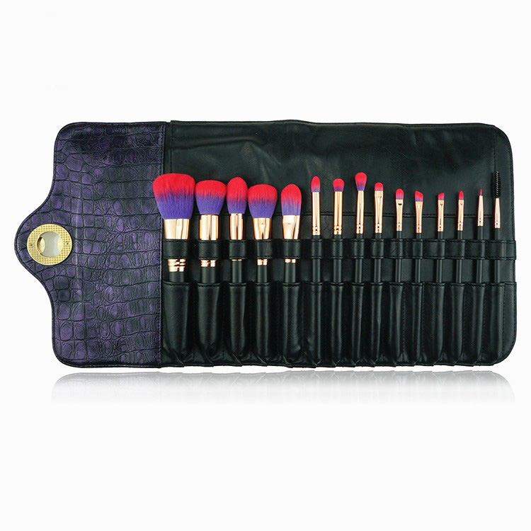 15 Pieces high end synthetic hair aluminum ferrule makeup brush set with black PVC bag