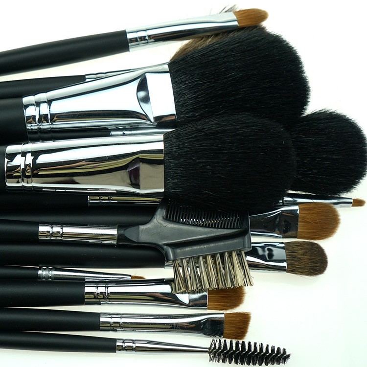 14Pieces luxury natural hair black cosmetic brush set kit with black PVC bag