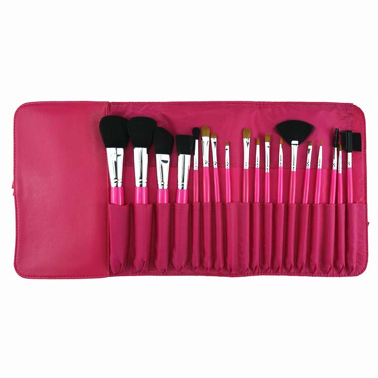 18Pieces hot pink wooden handle synthetic hair professional makeup brush set portable cosmetic bag