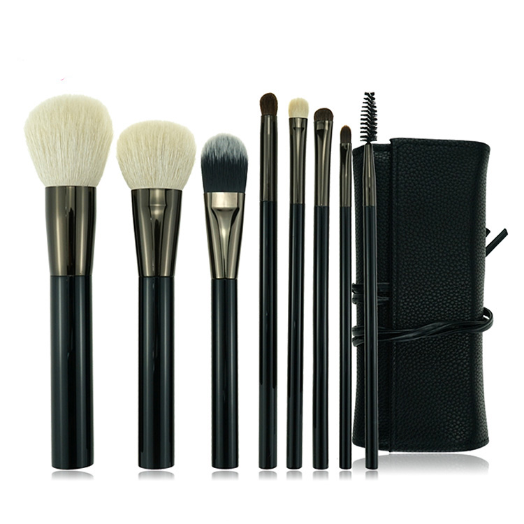 Custom Professional Natural Hair Gunmetal 8pcs Makeup Brush Set With PU Roll
