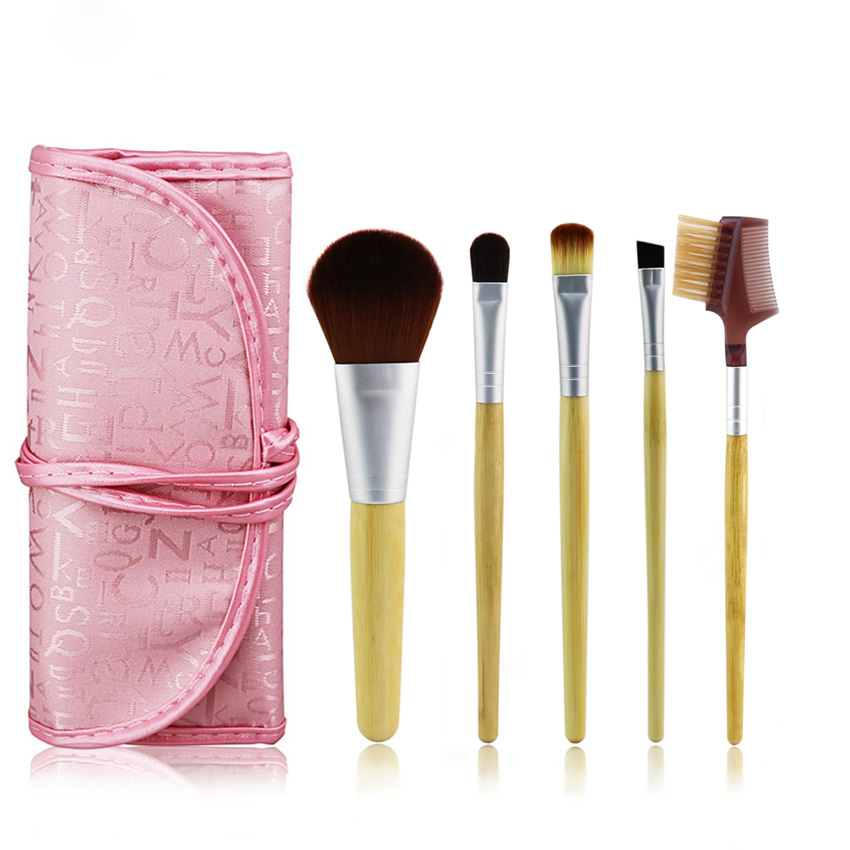 Custom 5pcs bamboo handle makeup brushes with pink pouch