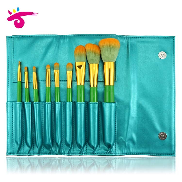 Travel case 9pcs unique angle green makeup brushes set