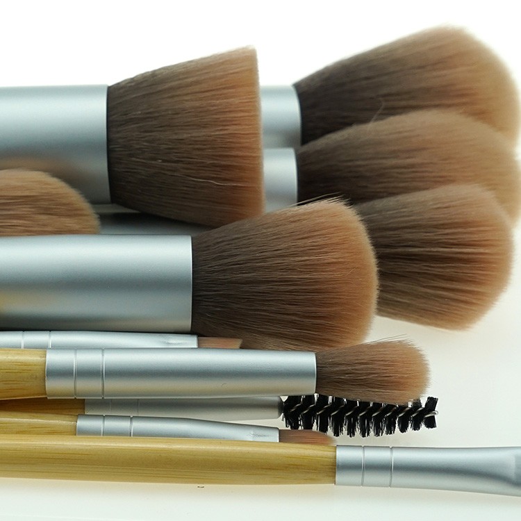 Multi-functional wooden handle silver cosmetic brushes set with PVC makeup case