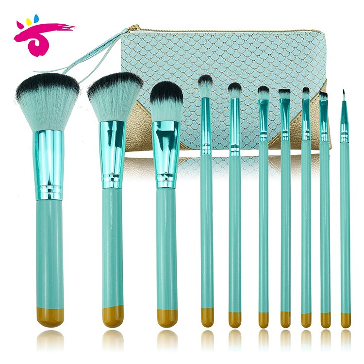 Private Label 10Pieces Green Wooden Handle Makeup Brush Set With Mermaid Cosmetic Bag