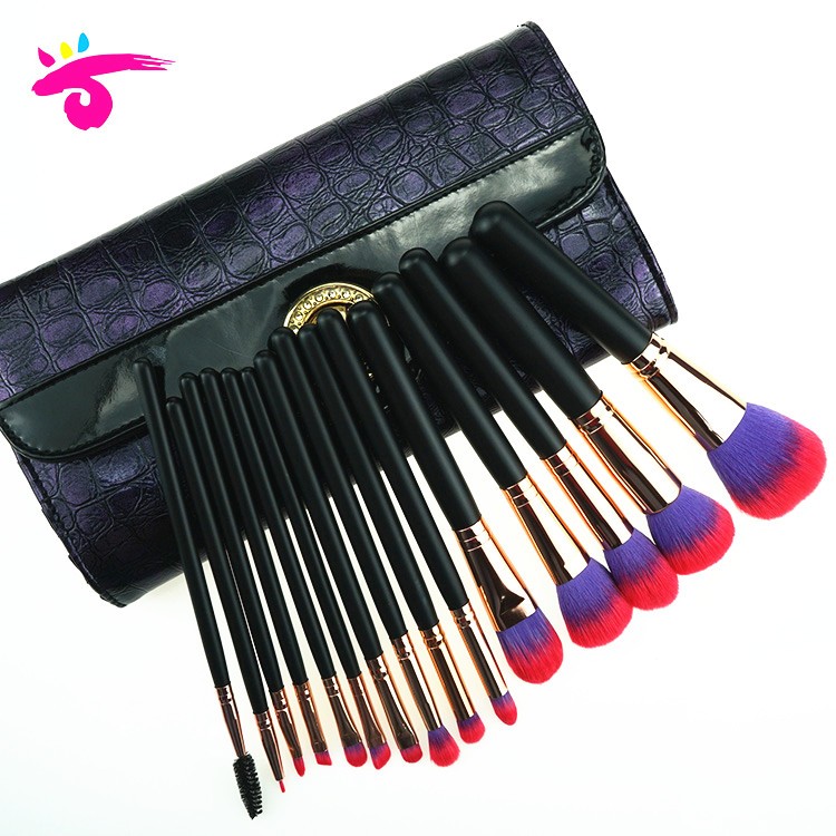 15 Pieces high end synthetic hair aluminum ferrule makeup brush set with black PVC bag