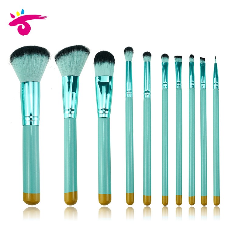 Private Label 10Pieces Green Wooden Handle Makeup Brush Set With Mermaid Cosmetic Bag