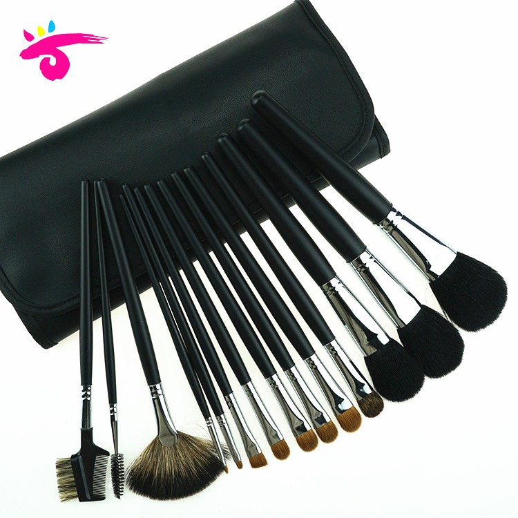 14Pieces luxury natural hair black cosmetic brush set kit with black PVC bag