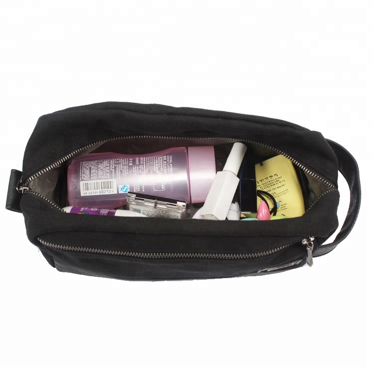 Heavy Duty Canvas And PU Toiletry Bag For Men Durable Black MenTtoiletry Bag