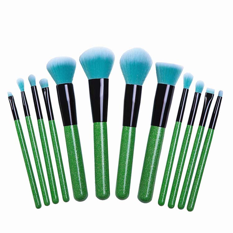 12 Pcs Green Bling Soft Brush Glitter Makeup Brush Set With Case