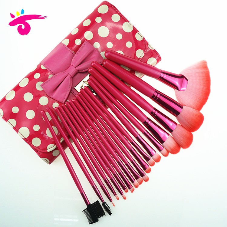 18Pieces pink wooden handle synthetic hair makeup brush set with portable bag