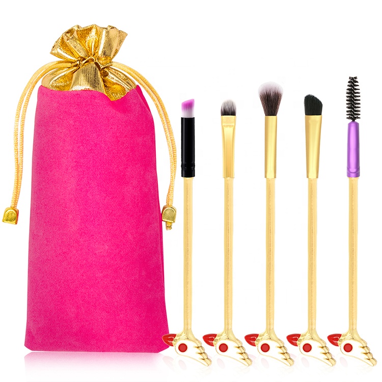 Portable Cute Metal Handle 5pcs Mini Makeup Eye Brush Set With Draw Bag